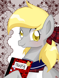 Size: 1208x1602 | Tagged: safe, artist:derpsonhooves, character:derpy hooves, species:pegasus, species:pony, book, bow, clothing, cute, female, happy, journal, mare, notebook, schoolgirl, smiling, solo
