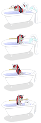 Size: 784x2312 | Tagged: safe, artist:celerypony, oc, oc only, oc:celery, oc:silver screen, species:pony, bath, bathing, bathtub, brush, bubble, celery, claw foot bathtub, clean, cute, eyes closed, floppy ears, frown, long tail, mouth hold, mutual bathing, simple background, smiling, soap, wet mane, white background, yearly bath