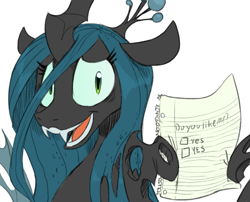 Size: 741x600 | Tagged: safe, artist:sunibee, character:queen chrysalis, bronybait, female, gravity falls, hoof hold, note, open mouth, solo, voting