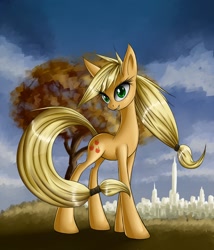 Size: 1200x1400 | Tagged: safe, artist:asimos, character:applejack, female, looking at you, skyscraper, solo, tree