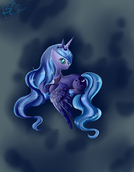 Size: 992x1275 | Tagged: safe, artist:ghst-qn, artist:suncreation, character:princess luna, species:alicorn, species:pony, abstract background, colored pupils, female, prone, solo