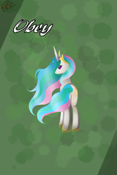 Size: 1417x2125 | Tagged: dead source, safe, artist:ghst-qn, artist:suncreation, character:princess celestia, species:alicorn, species:pony, abstract background, colored pupils, female, obey, solo