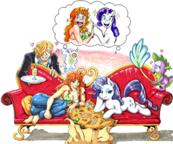 Size: 1350x1125 | Tagged: safe, artist:irie-mangastudios, character:rarity, character:spike, couch, crossover, gem, nami, one piece, thought bubble, traditional art, treasure, vinsmoke sanji