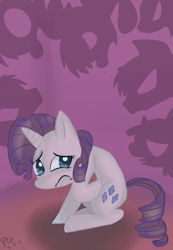 Size: 900x1300 | Tagged: safe, artist:spanish-scoot, character:rarity, species:pony, species:unicorn, g4, cowering, female, mare, sad, silhouette