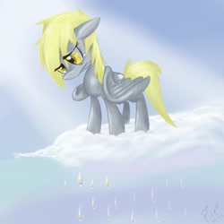 Size: 2000x2000 | Tagged: safe, artist:spanish-scoot, character:derpy hooves, species:pegasus, species:pony, g4, cloud, crying, cutie mark, female, high res, hooves, mare, on a cloud, paint tool sai, rain, sad, solo, standing on a cloud, wings