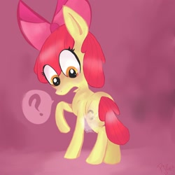 Size: 2000x2000 | Tagged: safe, artist:spanish-scoot, character:apple bloom, species:earth pony, species:pony, g4, alternate cutie mark, cutie mark, cutie pox, cutiespark, female, filly, high res, looking back, paint tool sai, question mark, solo