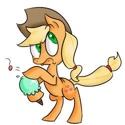 Size: 1000x1000 | Tagged: safe, artist:spanish-scoot, character:applejack, species:earth pony, species:pony, g4, applejack is not amused, bipedal, cherry, female, ice cream, mare, simple background, solo, transparent background, unamused