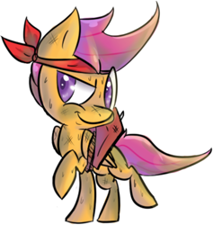 Size: 1000x1053 | Tagged: safe, artist:spanish-scoot, character:scootaloo, species:pegasus, species:pony, g4, bandana, clothing, female, filly, injured, simple background, solo, sweat, white background
