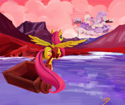 Size: 1200x1015 | Tagged: safe, artist:hiroshi-tea, character:fluttershy, cart, cloudsdale, dock, female, flying, plot, saddle bag, solo, wagon, water
