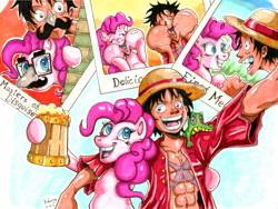 Size: 1125x847 | Tagged: safe, artist:irie-mangastudios, character:gummy, character:pinkie pie, cider, clothing, crossover, disguise, grin, hat, monkey d luffy, mug, one piece, photo, scar, smiling, traditional art