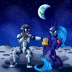 Size: 1200x1200 | Tagged: safe, artist:asimos, character:nightmare moon, character:princess luna, species:human, astronaut, cookie, earth, moon, starry night