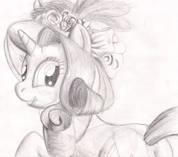 Size: 1400x1234 | Tagged: safe, artist:rydelfox, character:rarity, clothing, female, hat, monochrome, pencil drawing, solo, traditional art