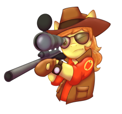 Size: 1792x1684 | Tagged: safe, artist:acstlu, character:braeburn, species:earth pony, species:pony, clothing, glasses, gun, hat, hooves, male, one eye closed, optical sight, rifle, simple background, sniper, sniper rifle, solo, stallion, sunglasses, team fortress 2, transparent background, vest, weapon