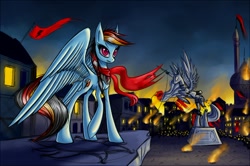 Size: 900x599 | Tagged: safe, artist:asimos, character:rainbow dash, species:pegasus, species:pony, clothing, evil, female, invasion, mare, revolution, scarf, solo focus, statue