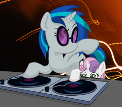 Size: 1000x876 | Tagged: dead source, safe, artist:fadri, artist:okiedokielowkey, character:dj pon-3, character:sweetie belle, character:vinyl scratch, species:pony, species:unicorn, artifact, cute, diasweetes, female, filly, mare, record, record player, record scrape, rule 63, sunglasses, turntable