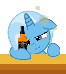Size: 4418x4999 | Tagged: safe, artist:sofunnyguy, character:trixie, species:pony, species:unicorn, :t, absurd resolution, alcohol, applejack daniel's, drink, drunk, female, jack daniels, mare, sad drinking, solo, the great and alcoholics trixie