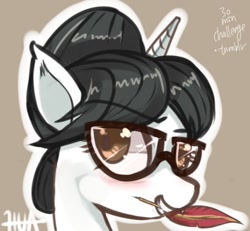 Size: 432x399 | Tagged: safe, artist:hua, character:raven inkwell, 30 minute art challenge, feather, glasses, quill