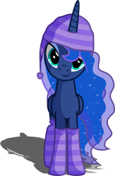 Size: 3220x4936 | Tagged: dead source, safe, artist:austiniousi, character:princess luna, clothing, cute, female, hat, head tilt, lidded eyes, looking at you, lunabetes, shadow, simple background, smiling, socks, solo, striped socks, transparent background