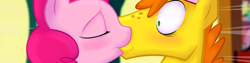 Size: 997x252 | Tagged: safe, artist:acstlu, character:carrot cake, character:pinkie pie, ship:carrotpie, adultery, banner, blushing, cropped, female, infidelity, kissing, male, shipping, straight