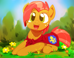 Size: 771x600 | Tagged: source needed, useless source url, safe, artist:sunibee, character:babs seed, species:earth pony, species:pony, adorababs, cape, clothing, cute, female, filly, flower, freckles, grass, looking at you, open mouth, sky, smiling, solo, tree