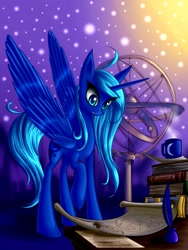 Size: 1200x1600 | Tagged: safe, artist:asimos, character:princess luna, species:alicorn, species:pony, book, female, inkwell, missing accessory, mug, orrery, quill, solo, star chart, starry night