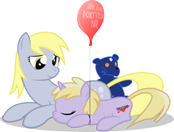 Size: 2845x2150 | Tagged: safe, artist:emkay-mlp, character:derpy hooves, character:dinky hooves, species:pegasus, species:pony, species:unicorn, balloon, duo, equestria's best mother, eyes closed, female, filly, foal, high res, mare, mother and daughter, plushie, sleeping, teddy bear, ursa minor, ursa plush