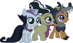 Size: 1024x602 | Tagged: safe, artist:akili-amethyst, character:apple bloom, character:scootaloo, character:sweetie belle, species:pegasus, species:pony, animal costume, bride of frankenstein, clothing, costume, cutie mark crusaders, dracula, nightmare night, scootawolf, simple background, transparent background, vampire, vector, wolf costume