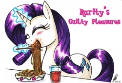 Size: 2185x1476 | Tagged: safe, artist:taekwon-magic, character:rarity, blushing, eating, female, food, messy, messy eating, solo, spaghetti, traditional art