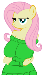 Size: 4246x7433 | Tagged: safe, artist:sofunnyguy, character:fluttershy, species:anthro, absurd resolution, breasts, busty fluttershy, clothing, female, off shoulder, off shoulder sweater, solo, sweater, sweatershy, unamused