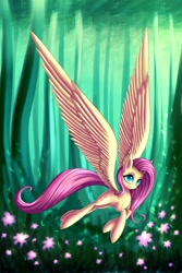 Size: 2000x3000 | Tagged: safe, artist:asimos, character:fluttershy, female, flower, flying, forest, impossibly large wings, scenery, solo