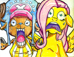 Size: 900x700 | Tagged: safe, artist:irie-mangastudios, character:fluttershy, choppershy, crossover, one piece, panic, tony tony chopper