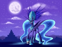 Size: 1200x920 | Tagged: safe, artist:asimos, character:nightmare moon, character:princess luna, clothing, costume, female, glyph, hat, moon, nigh, pyramid, runes, skull, solo