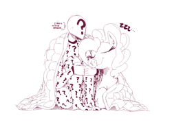 Size: 1400x1050 | Tagged: safe, artist:sunibee, character:pinkie pie, oc, oc:anon, species:human, blanket, clothing, cuddling, duo, footed sleeper, monochrome, pajamas, simple background, sketch, sleeping, snuggling, white background, zzz