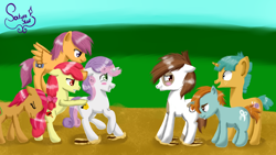 Size: 1600x900 | Tagged: safe, artist:saturnstar14, character:apple bloom, character:babs seed, character:pipsqueak, character:scootaloo, character:snails, character:snips, character:sweetie belle, species:pegasus, species:pony, ship:sweetiesqueak, blushing, butt touch, cute, female, floppy ears, forced shipping, grin, gritted teeth, hoof on butt, looking away, male, older, older apple bloom, older babs seed, older pipsqueak, older scootaloo, older snails, older snips, older sweetie belle, open mouth, pushing, raised hoof, raised leg, rump push, shipper on deck, smiling, smirk, straight