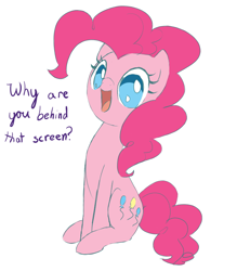 Size: 686x782 | Tagged: safe, artist:celerypony, character:pinkie pie, breaking the fourth wall, cute, dialogue, diapinkes, female, fourth wall, happy, no pupils, open mouth, simple background, solo, white background