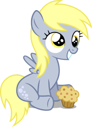 Size: 3336x4598 | Tagged: safe, artist:austiniousi, character:derpy hooves, cute, dawwww, derpabetes, female, filly, happy, hnnng, muffin, simple background, sitting, smiling, solo, transparent background, vector