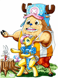 Size: 902x1200 | Tagged: safe, artist:irie-mangastudios, character:angel bunny, character:fluttershy, chun li, cosplay, crossover, kung fu, one piece, street fighter, tony tony chopper, traditional art, training