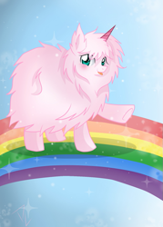 Size: 609x851 | Tagged: safe, artist:derpsonhooves, oc, oc only, oc:fluffle puff, fake horn, pink fluffy unicorns dancing on rainbows, rainbow, solo, tongue out