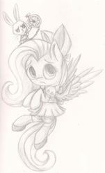 Size: 1205x1999 | Tagged: safe, artist:suplolnope, character:angel bunny, character:fluttershy, alice in wonderland, clothing, crossover, cute, dress, monochrome, ribbon, shoes, sketch, socks, waistcoat, watch
