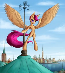 Size: 1024x1137 | Tagged: safe, artist:asimos, character:scootaloo, species:pegasus, species:pony, city, female, older, scootaloo can fly, solo, weather vane