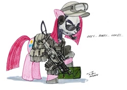Size: 800x569 | Tagged: safe, artist:buckweiser, character:pinkamena diane pie, character:pinkie pie, aimpoint, female, fn scar, gun, military, reflex sight, rifle, skull, solo, weapon