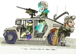 Size: 1024x729 | Tagged: safe, artist:buckweiser, character:bon bon, character:doctor whooves, character:lyra heartstrings, character:sweetie drops, character:time turner, acog, ar15, browning m2, gun, hmmwv, machine gun, military, rifle, trijicon, weapon