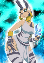 Size: 592x842 | Tagged: safe, artist:sunibee, character:zecora, species:human, clothing, female, humanized, loincloth, poison joke, solo, stockings, tank top