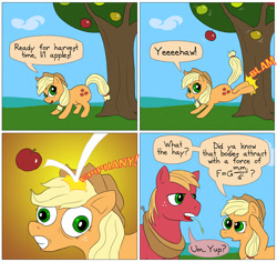 Size: 850x804 | Tagged: safe, artist:fadri, character:applejack, character:big mcintosh, species:earth pony, species:pony, comic:and that's how equestria was made, apple, comic, fancy mathematics, gravity, isaac newton, male, math, sir isaac newton, stallion