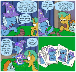 Size: 850x804 | Tagged: safe, artist:fadri, character:snails, character:snips, character:trixie, comic:and that's how equestria was made, card, card trick, comic, dialogue, magic trick, trixie's fans