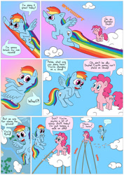 Size: 850x1202 | Tagged: safe, artist:fadri, character:pinkie pie, character:rainbow dash, species:earth pony, species:pegasus, species:pony, comic:and that's how equestria was made, ..., anatomically incorrect, cloud, cloudy, comic, flying, incorrect leg anatomy, stilts