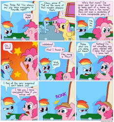 Size: 850x907 | Tagged: safe, artist:fadri, character:pinkie pie, character:rainbow dash, character:sunny rays, comic:and that's how equestria was made, breaking the fourth wall, comic, flailing, fourth wall, in-universe pegasister, liar face, liarpony, sunny rays