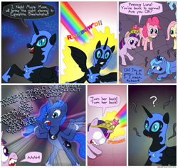 Size: 850x806 | Tagged: safe, artist:fadri, character:applejack, character:fluttershy, character:nightmare moon, character:pinkie pie, character:princess luna, character:rainbow dash, character:rarity, character:twilight sparkle, comic:and that's how equestria was made, comic, mane six, s1 luna, scared, traditional royal canterlot voice
