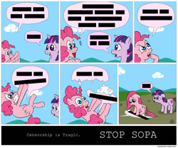 Size: 850x711 | Tagged: safe, artist:fadri, character:pinkie pie, character:twilight sparkle, comic:and that's how equestria was made, censor bar, censored, censorship, comic, sopa