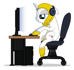 Size: 1024x968 | Tagged: safe, artist:emkay-mlp, oc, oc only, browsing, chair, computer, headphones, solo